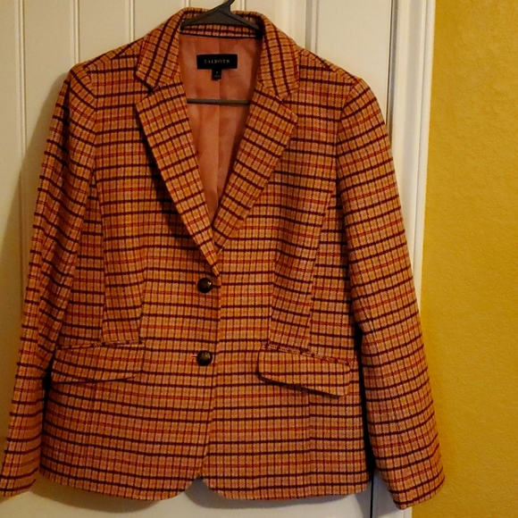 TALBOTS WOMENS PINK WOOL PLAID LONG SLEEVE BLAZER SIZE 10 - Picture 1 of 7